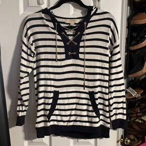 Navy and white chain tie hooded sweater